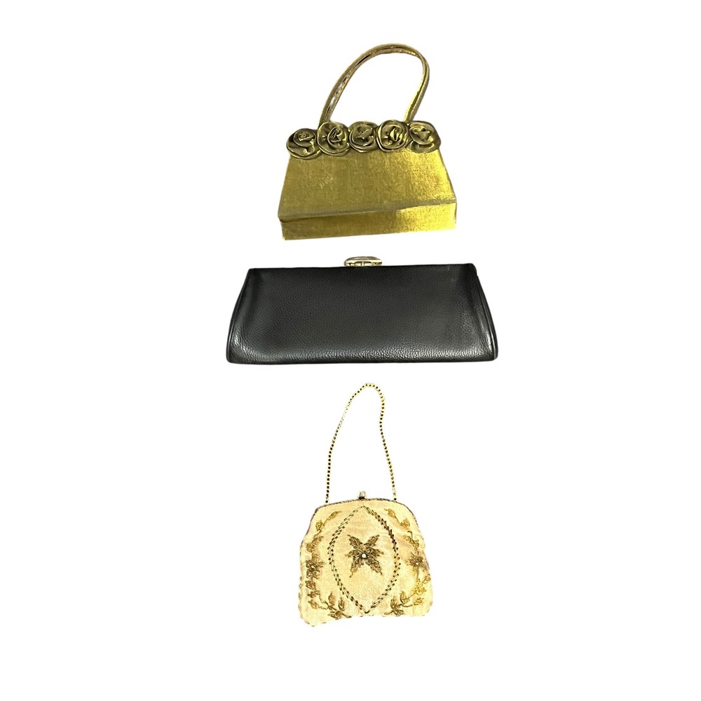 Vintage Evening Bag Lot Green Satin Black Leather Clutch Beaded Gold Purse